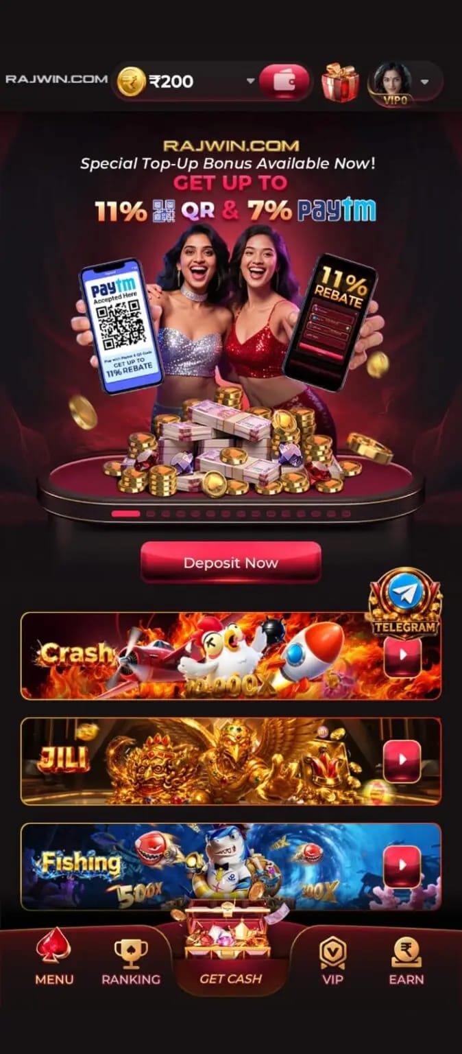 RajLuck Game logo with modern red icon on a black background representing the Android app.